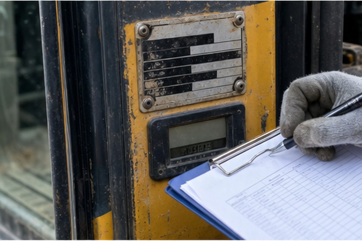 Used excavator serial plate and hour meter check with clipboard