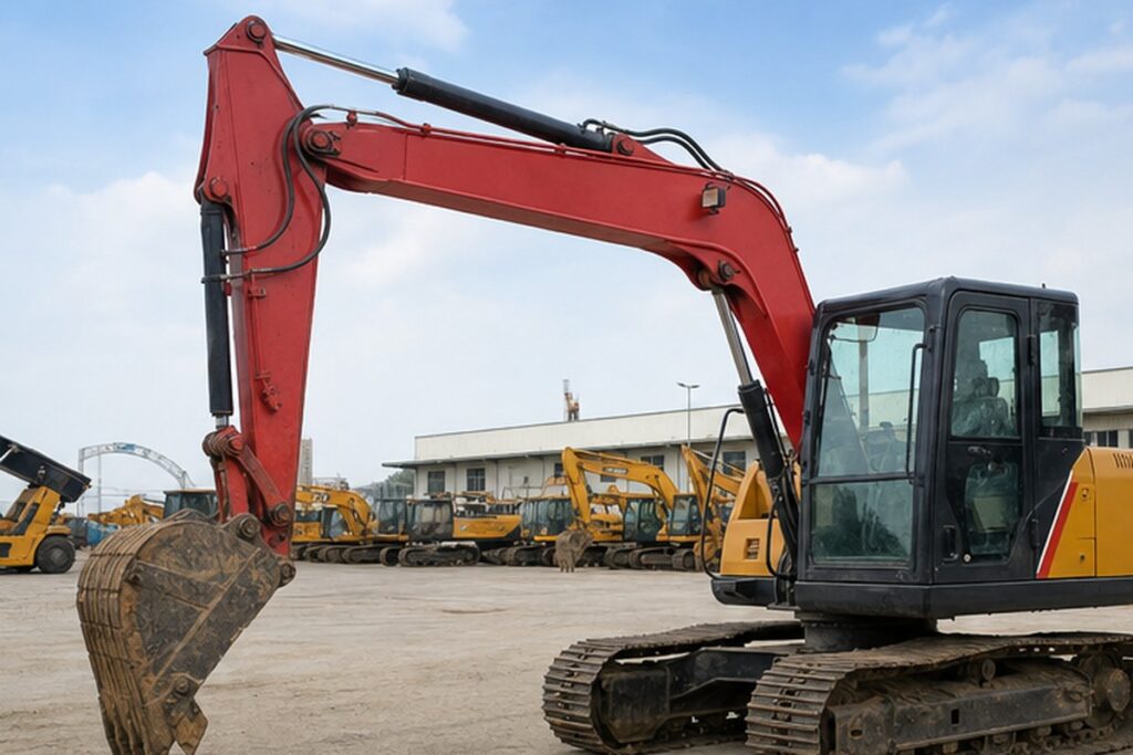 Used SANY-style excavator yard walkaround before import