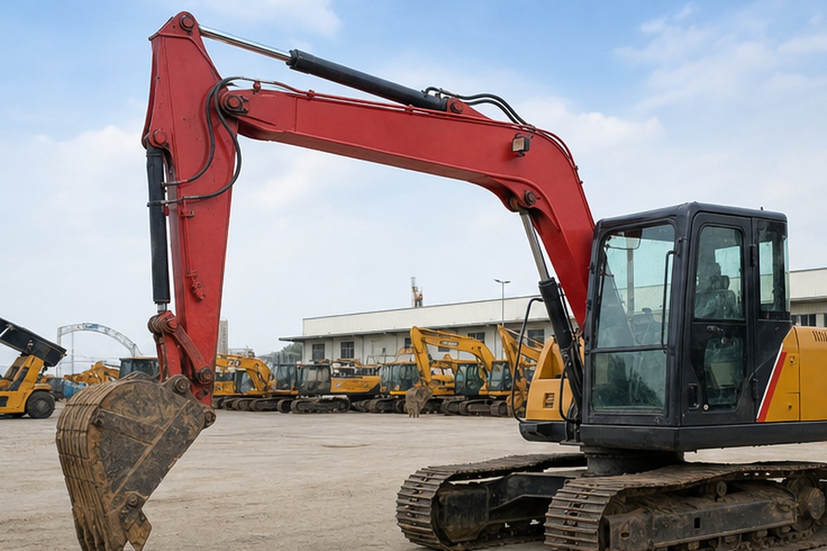 Used SANY-style excavator yard walkaround before import