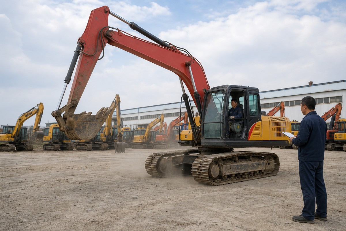 Used excavator cold start and hydraulic movement test