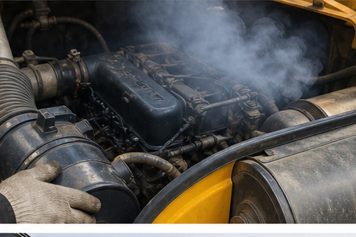 Used excavator cold start and engine bay inspection