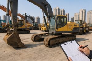 Generic used excavator yard walkaround for Volvo-style inspection