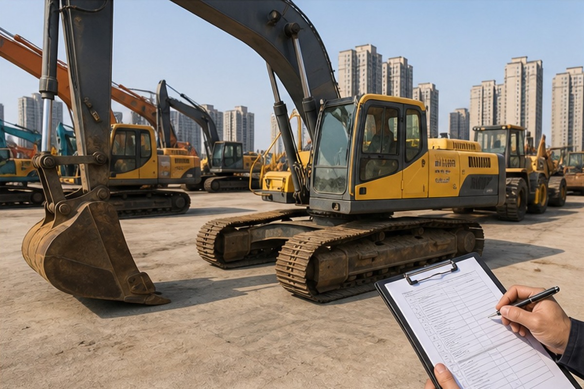 Generic used excavator yard walkaround for Volvo-style inspection
