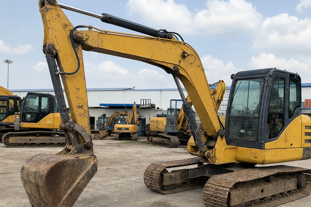 Used XCMG-style excavator yard walkaround before import