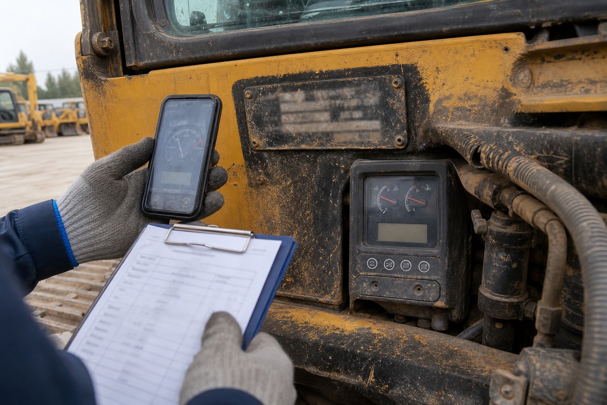 Used excavator serial area and hour meter inspection