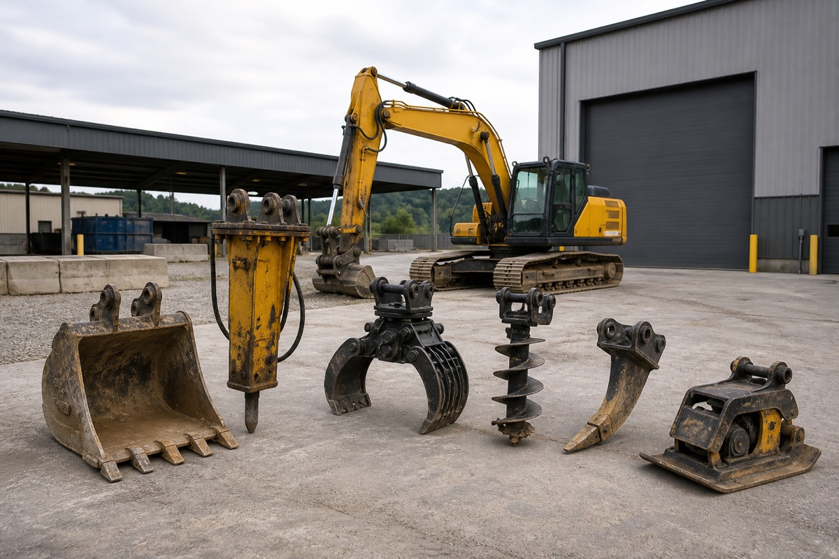 Different excavator attachment types arranged in an industrial yard
