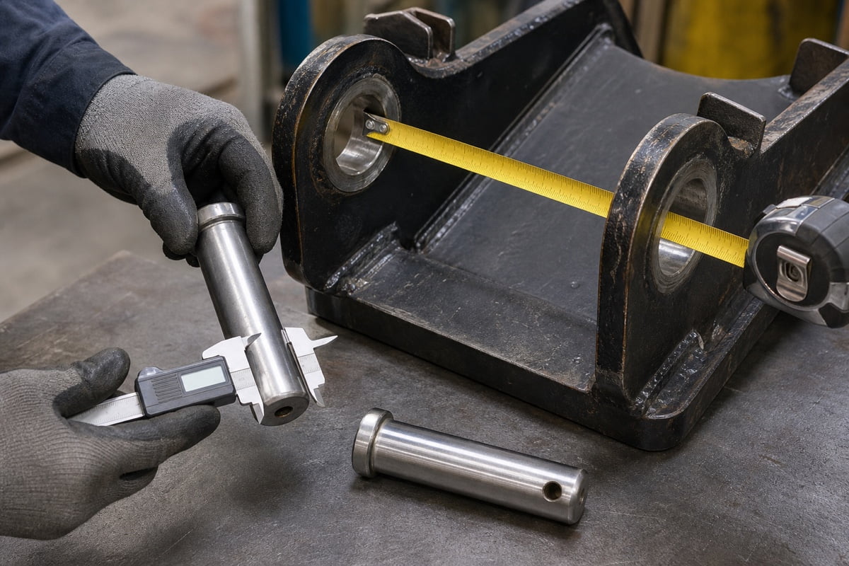 Measuring excavator attachment pin diameter and mounting ear spacing