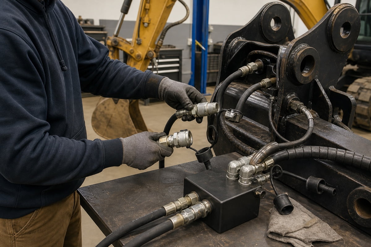 Checking excavator attachment hydraulic hose couplers and return-line routing