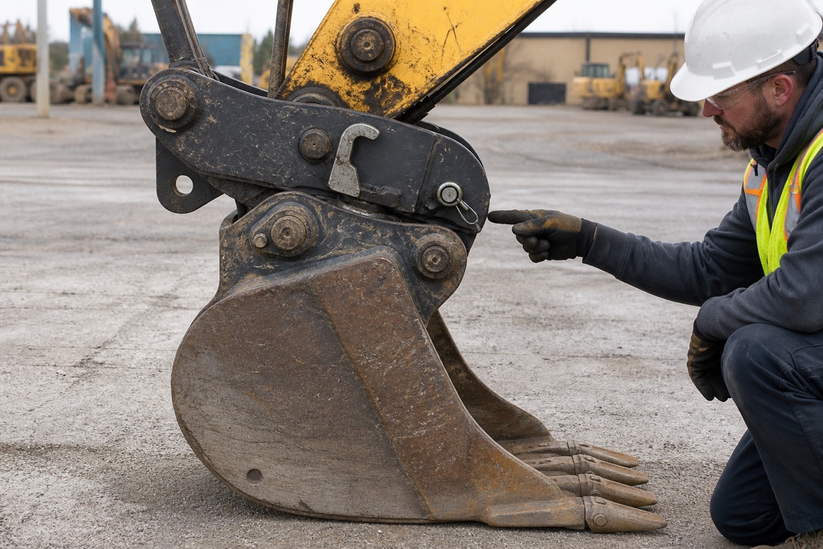 Checking an excavator quick coupler lock and safety pin with the bucket grounded
