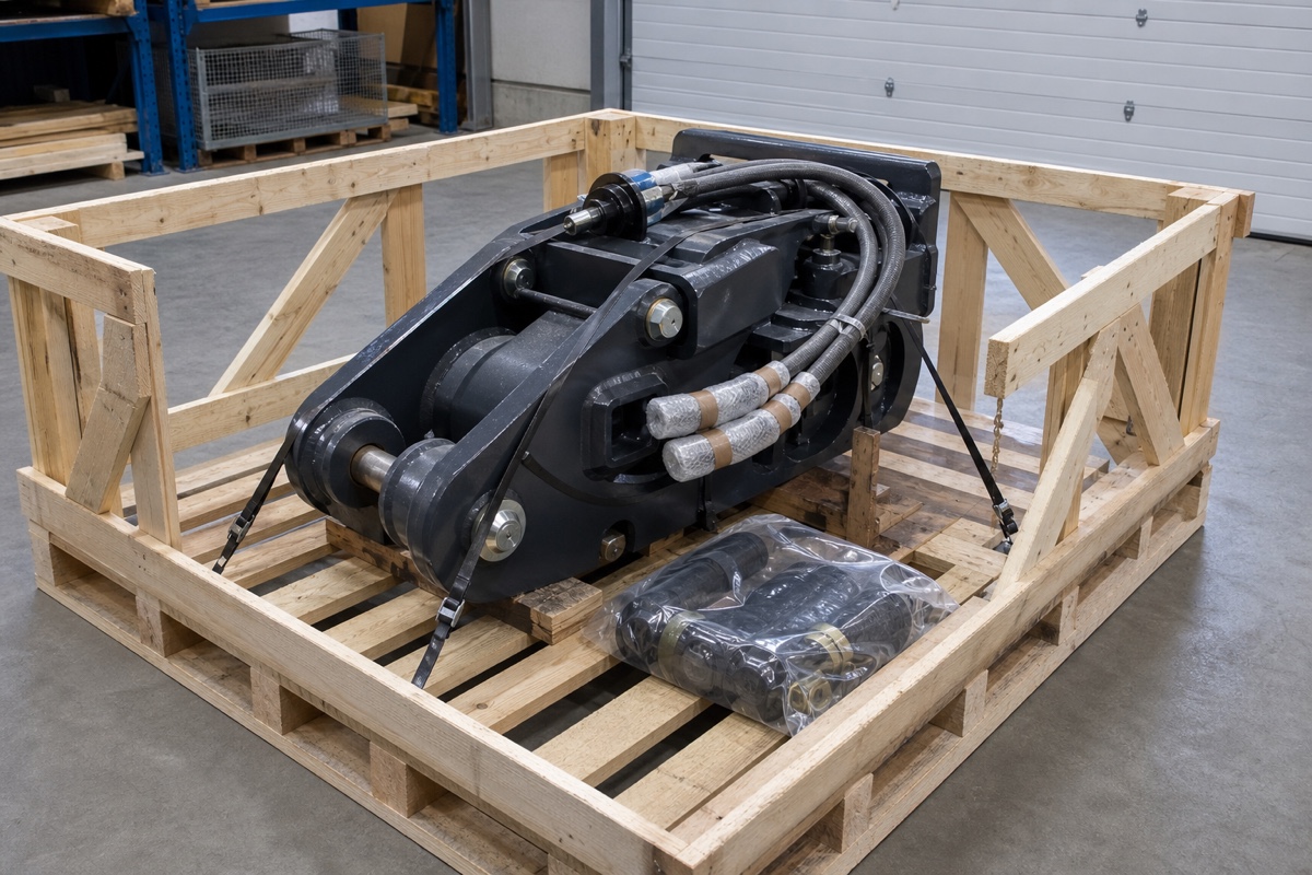 Excavator attachment secured in an illustrative export packing crate