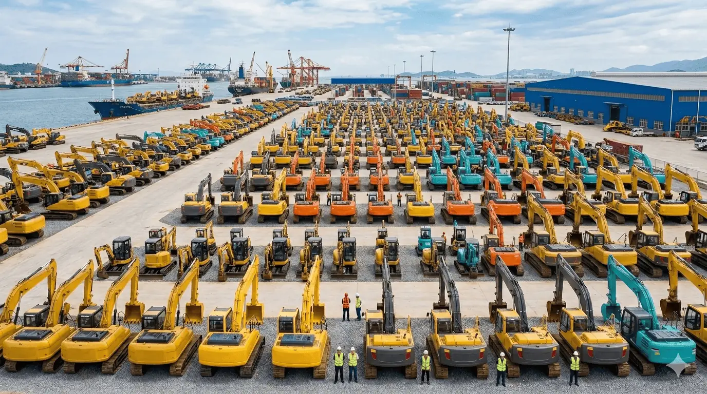Heavy excavators in a machinery yard ready for export