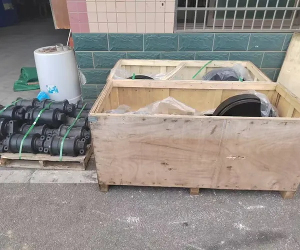 Heavy machinery parts packed in wooden crates and pallets