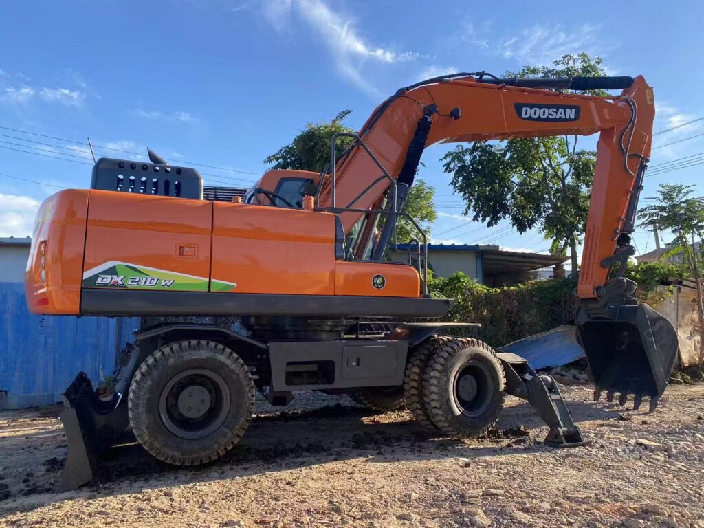 Refurbished Doosan DX210W wheeled excavator side and rear quarter view